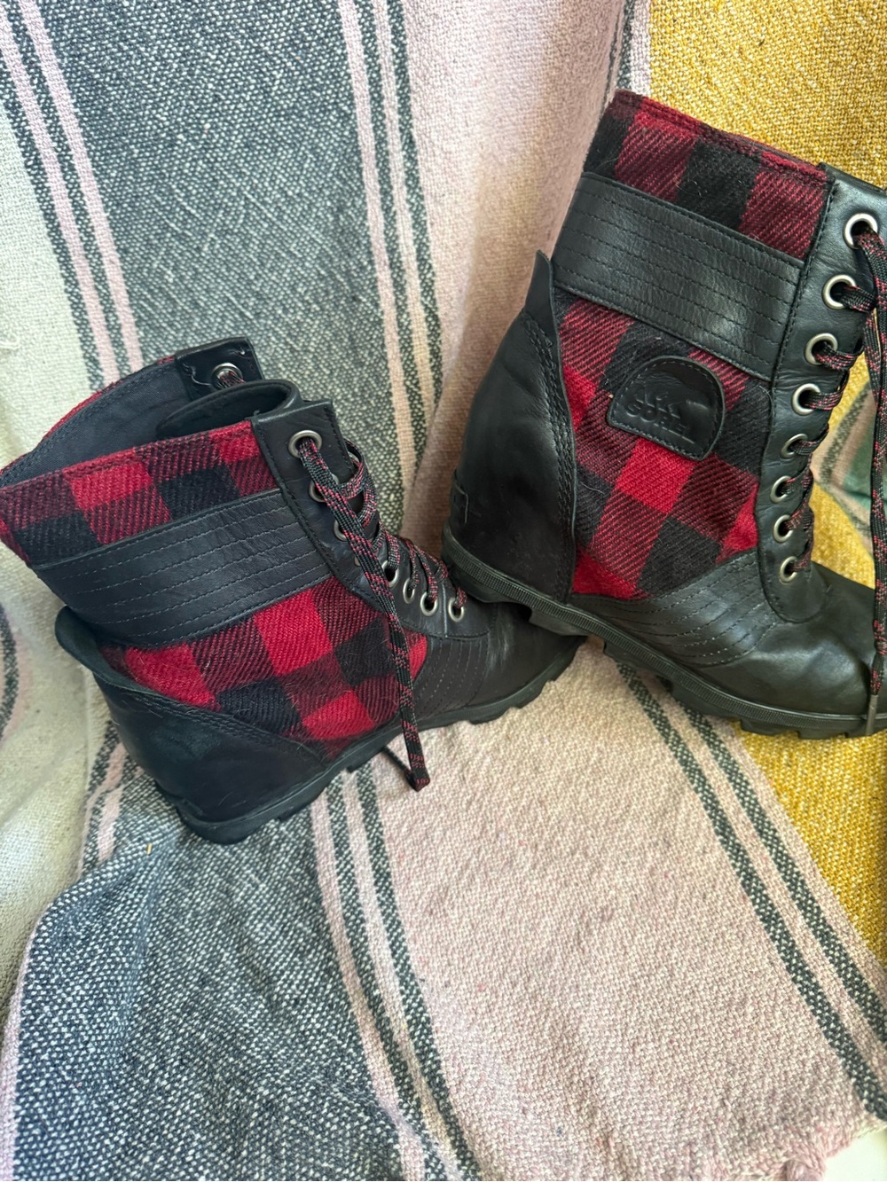 Sorel - Plaid Combat Wedge Boots with Lace-Up Front